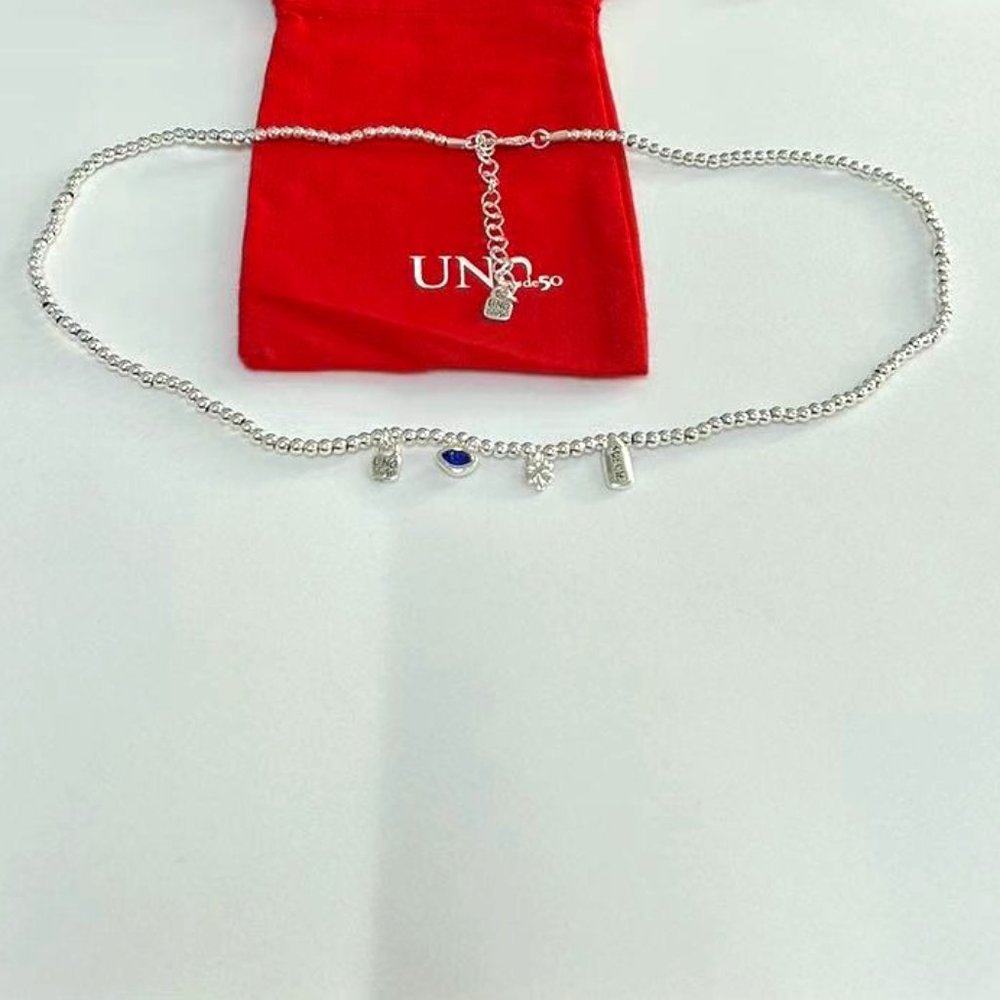 UNO de 50 Necklace I'm Waiting 4 U Silver Tone Multi Charm Blue Necklace with